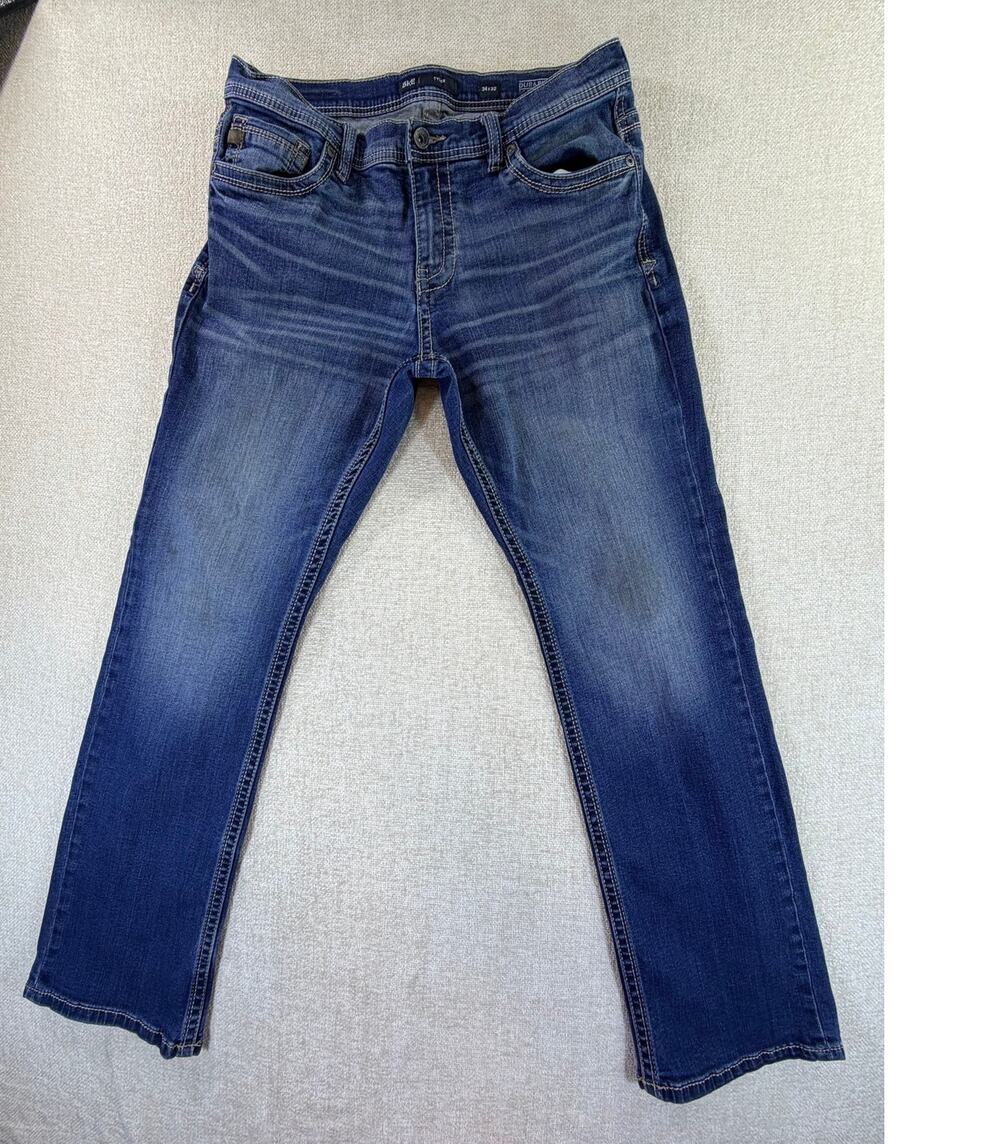 BKE Men's Blue 34x32 Tyler Double Denim Tough Wear Jeans Straight Leg Casual Fit